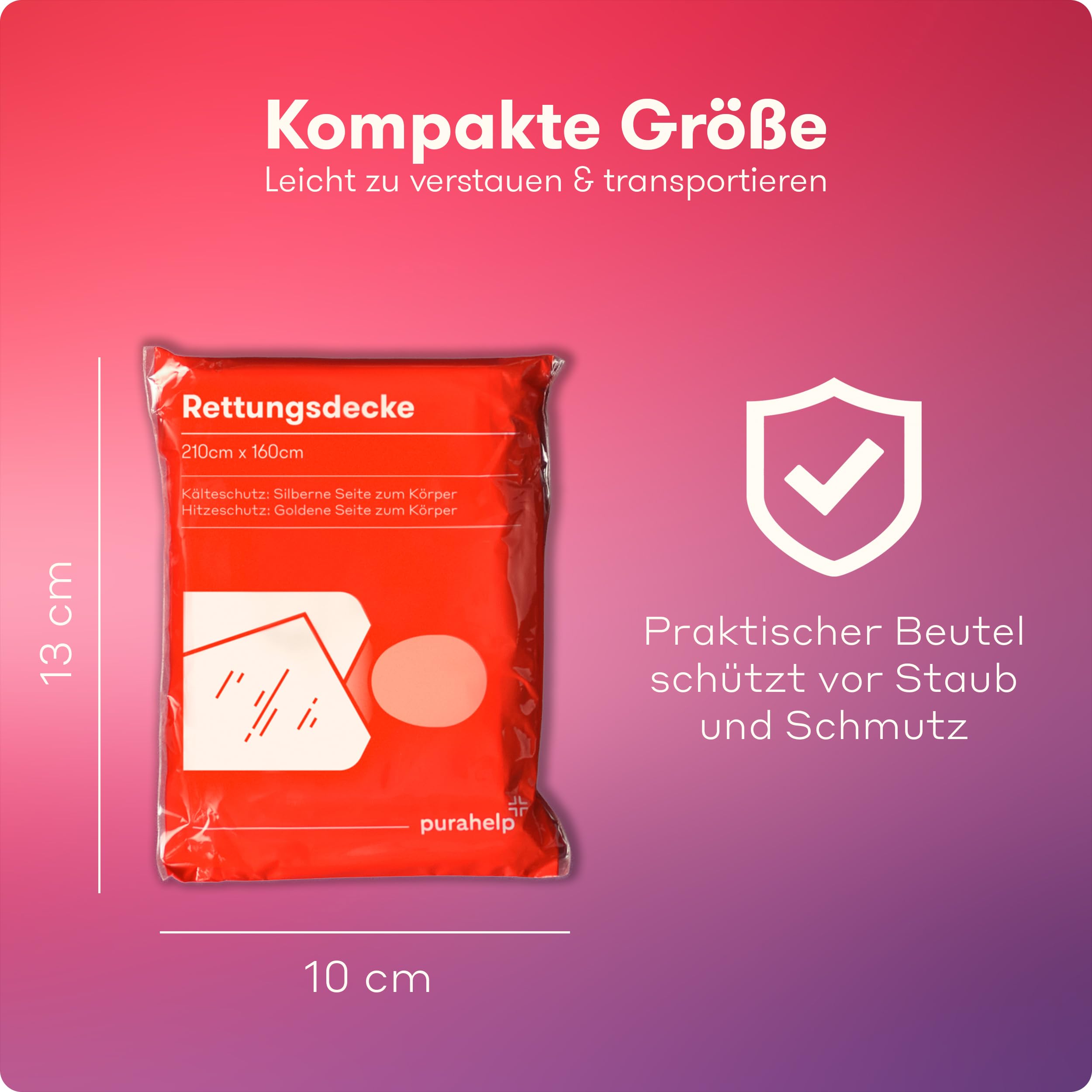 Förpackad silver- och guldfärgad räddningsfilt i röd skyddspåse, med måttangivelser 13 × 10 cm.