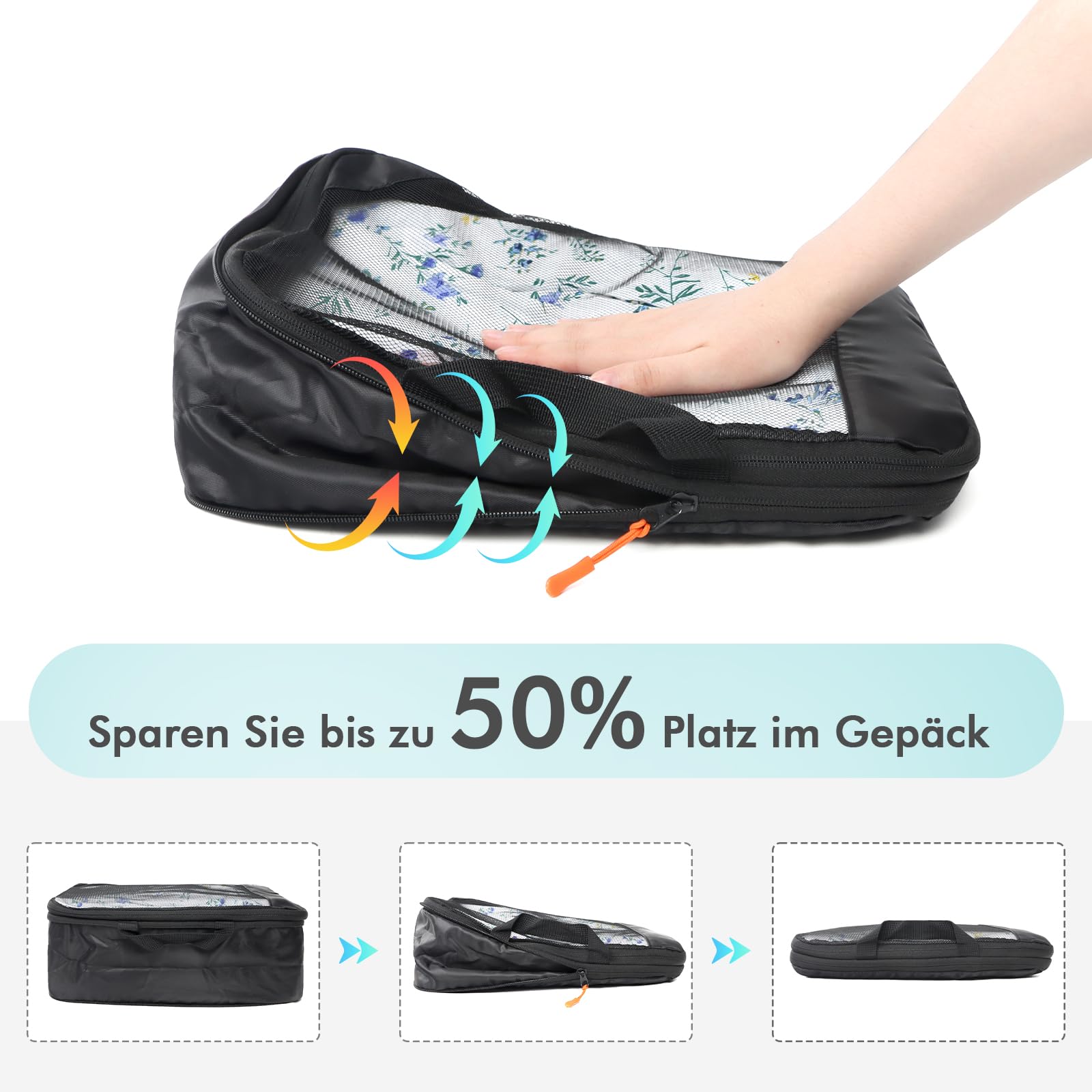Öppen svart packningskub med nätfack, hand och pilar som visar komprimering.