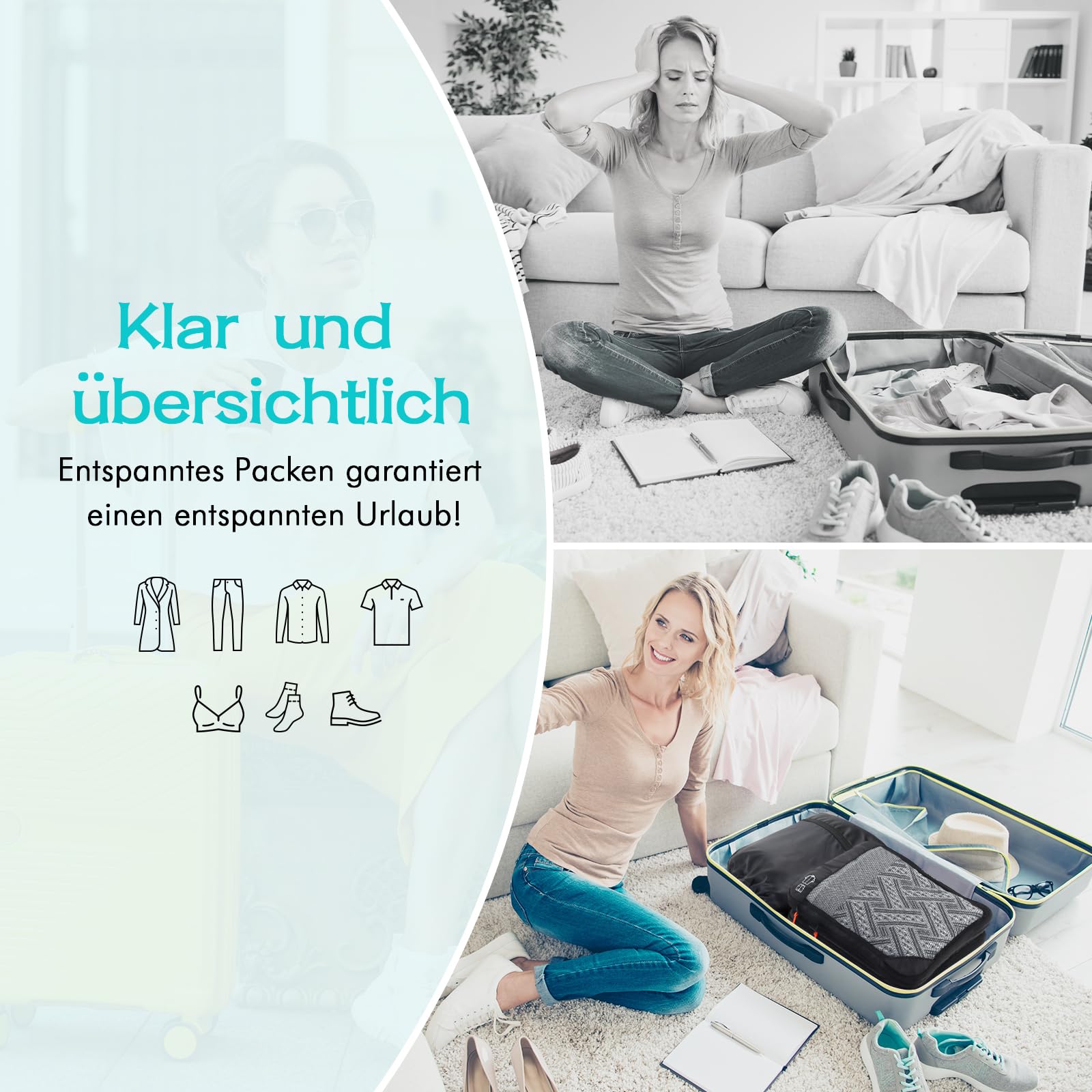 Kollage med packningsorganisatörer i resväskor och text om överskådlig packning.