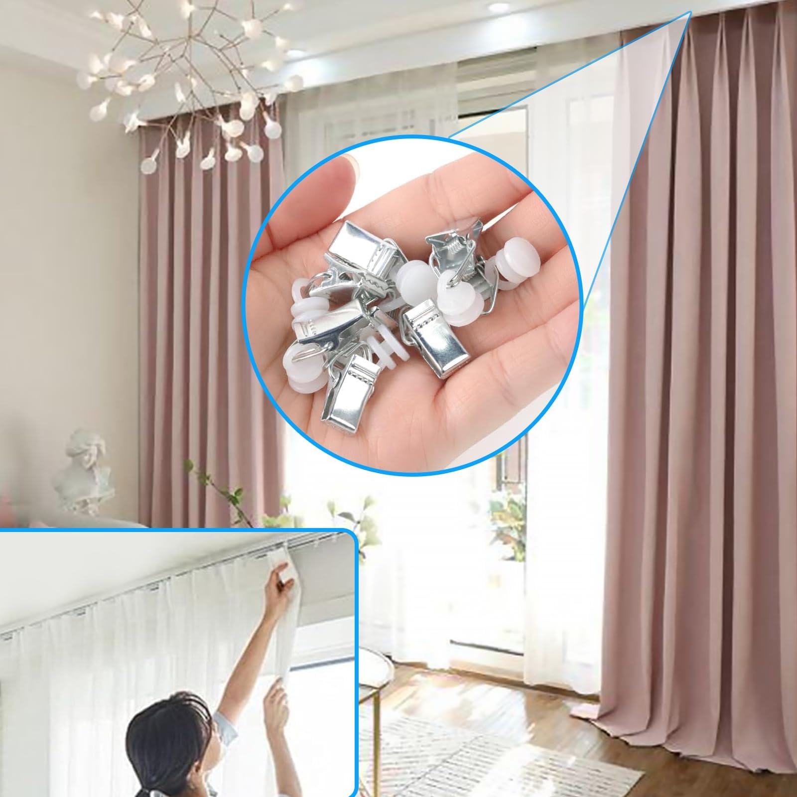 Silverfärgade gardinklämmor med vita hjul hålls i en hand framför gardiner.