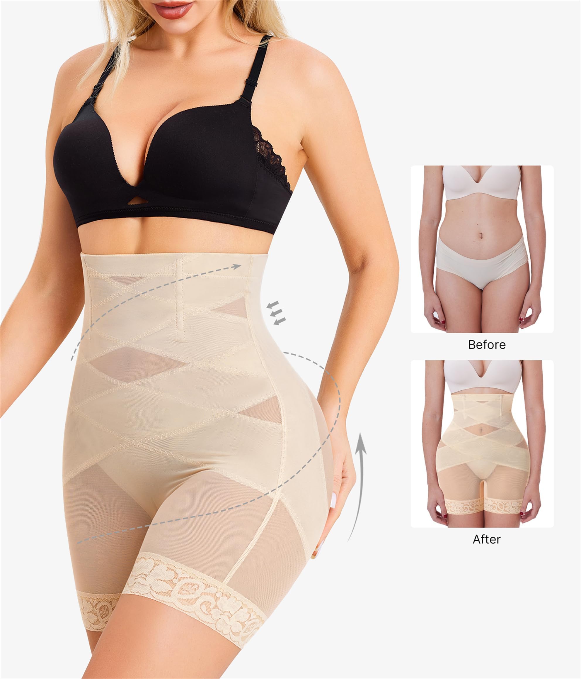 Modell visar beige figurformande shorts med hög midja under en svart bh.