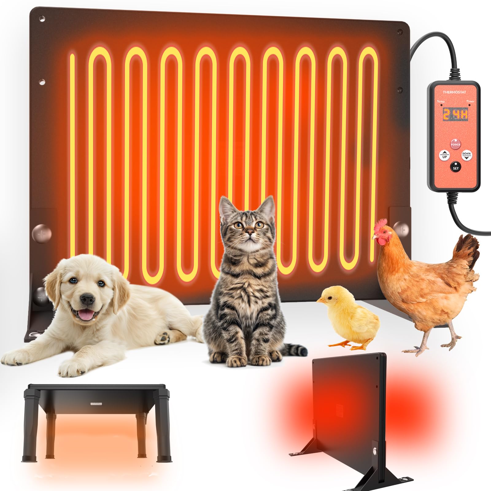 Värmeelement med timer visas med hund, katt, kyckling och höna.
