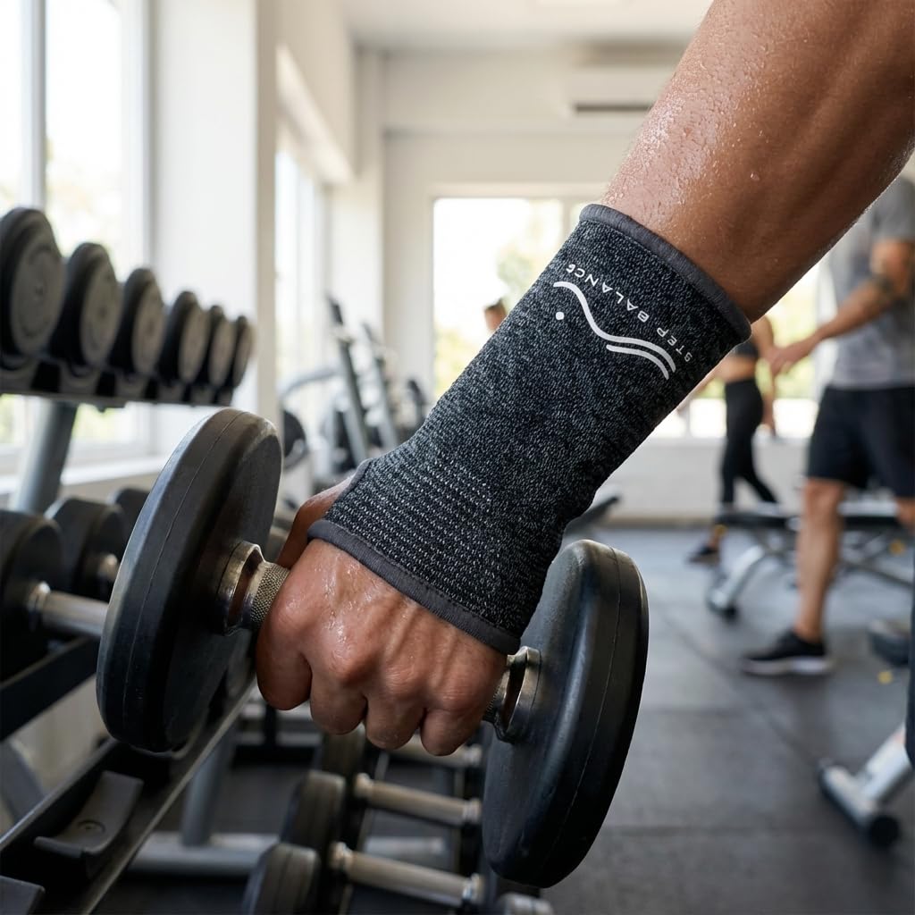 Handledsstöd bärs på handleden när en person håller i en hantel på gymmet.