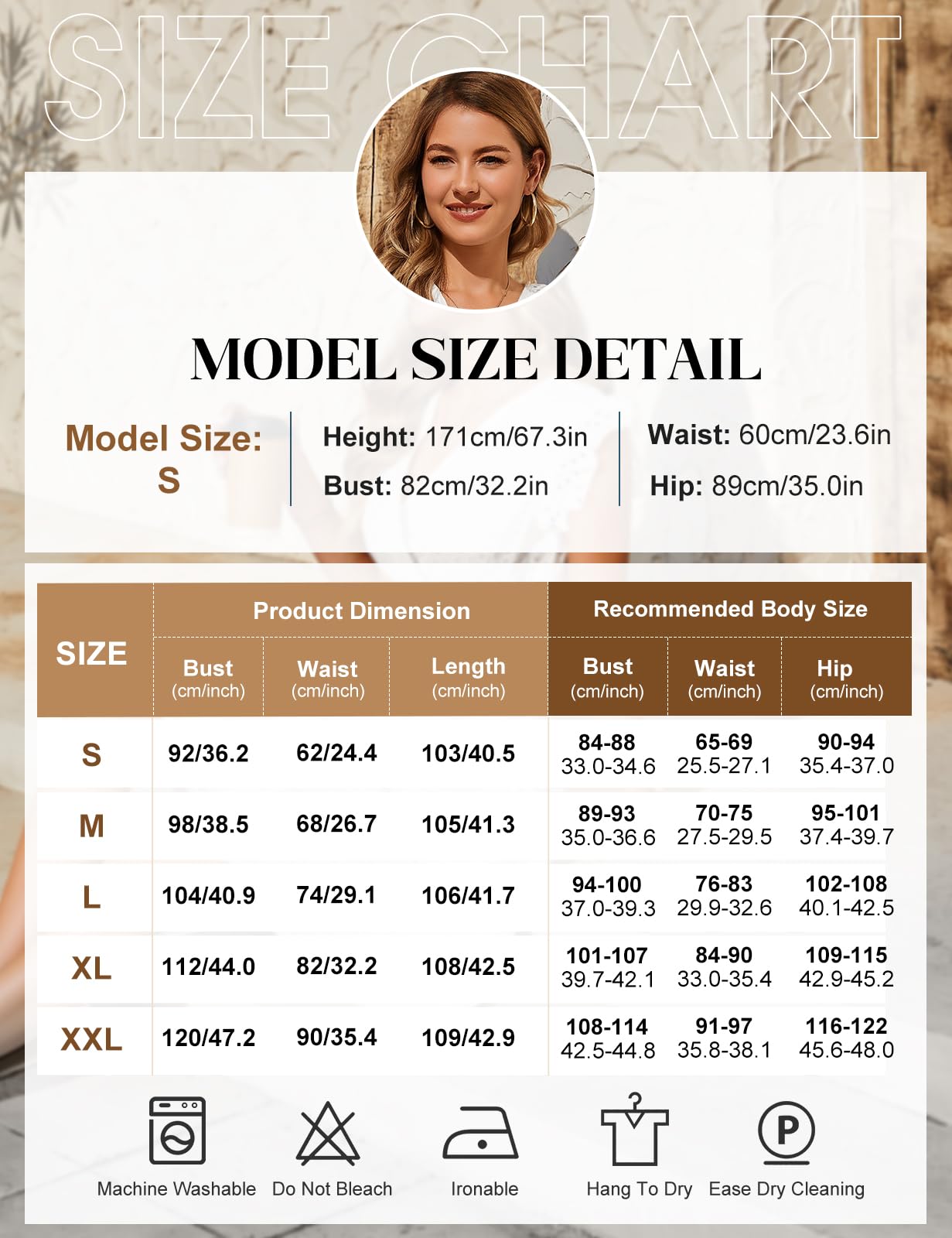 Storlekstabell med modellmått, produktmått och rekommenderade kroppsmått för storlek S–XXL.