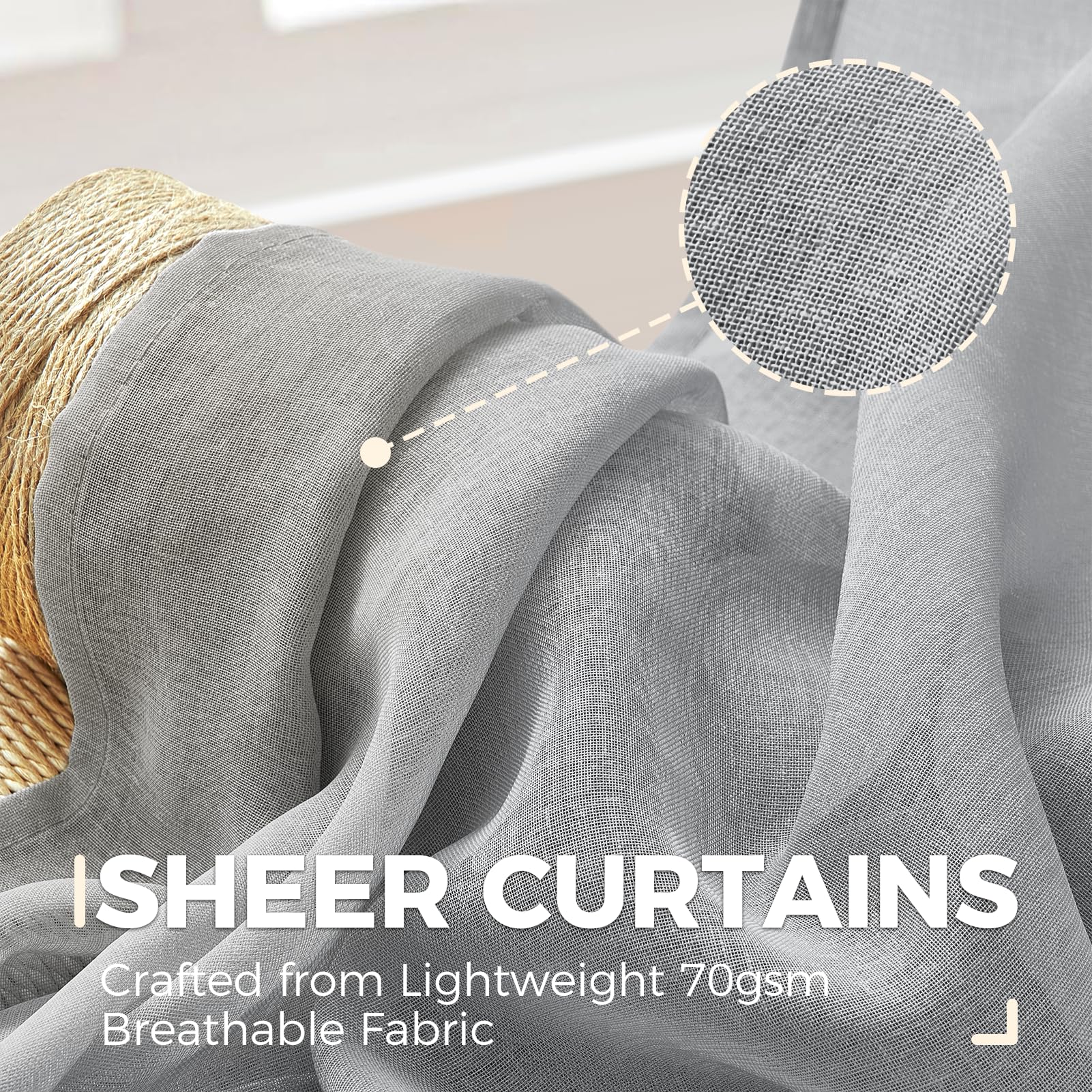 Närbild av halvtransparent grått gardintyg med synlig vävstruktur och texten ”SHEER CURTAINS”.