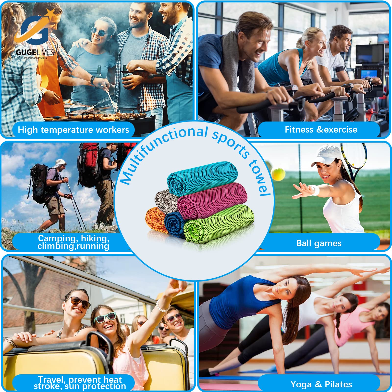 Collage med kylande handdukar för arbete, träning, friluftsliv, resor och yoga.