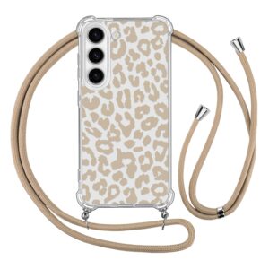 Transparent mobilskal med beige leopardmönster och matchande bärrem.