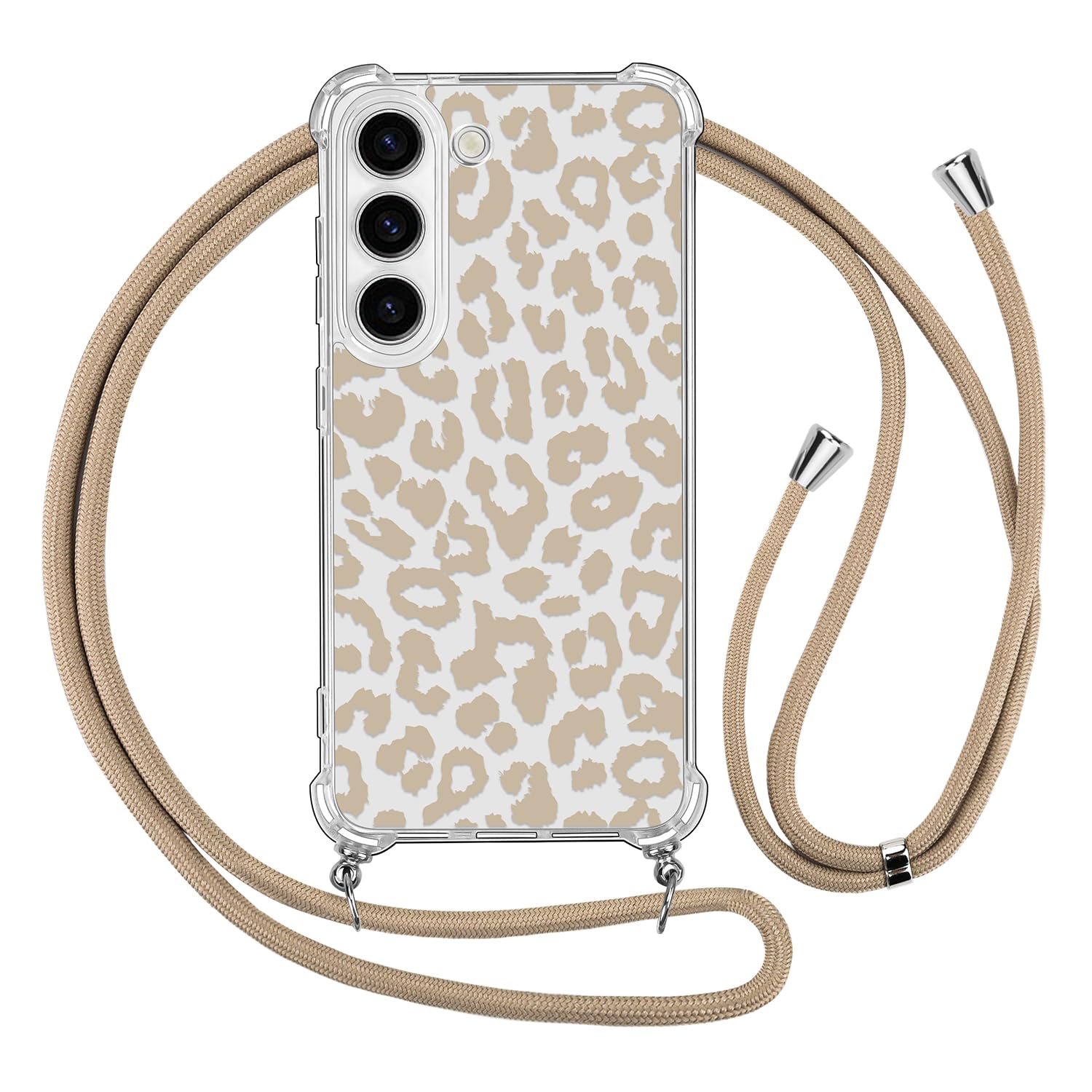 Transparent mobilskal med beige leopardmönster och matchande bärrem.
