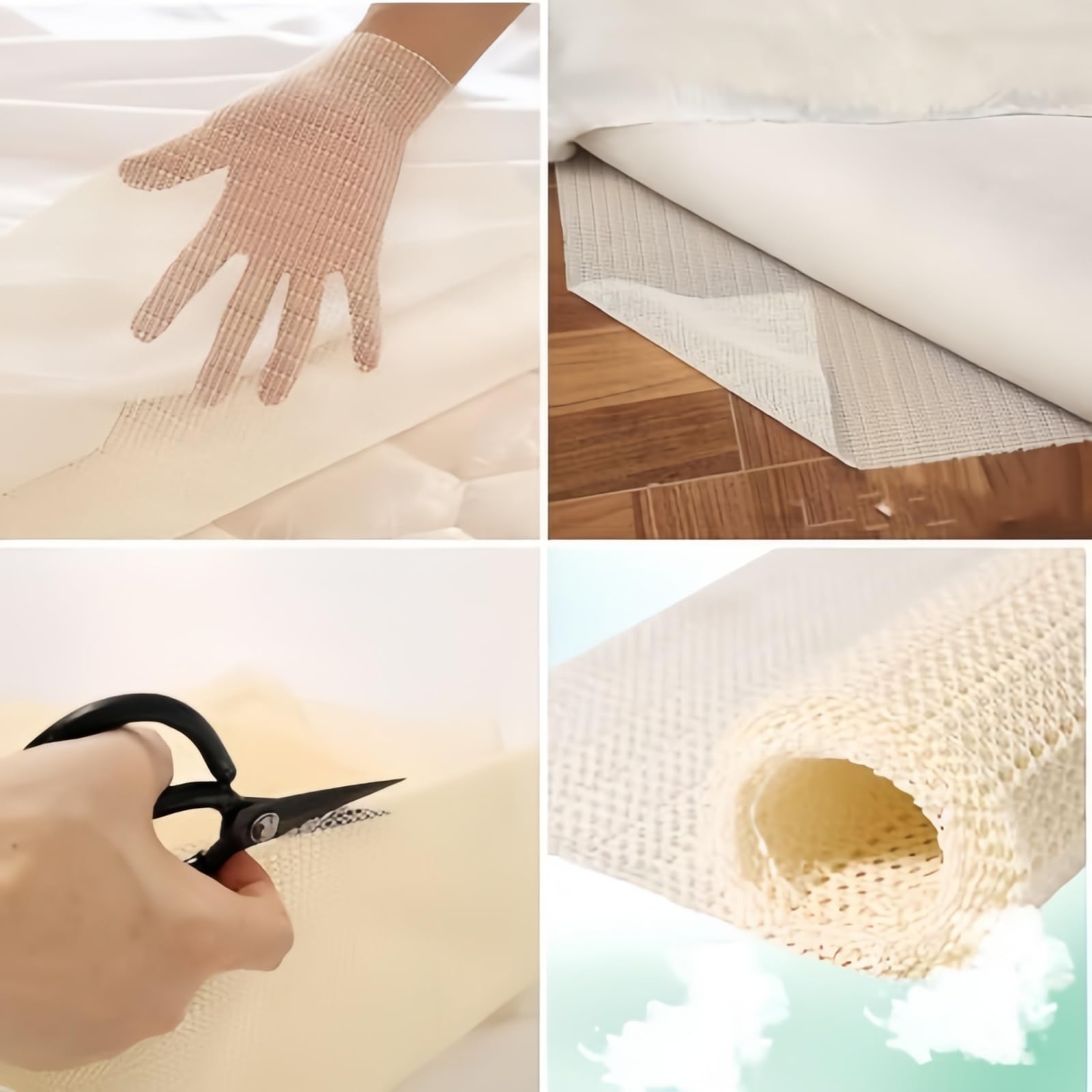 Detaljbilder som visar underläggets halkfria yta, undersida, saxklippning och rullade struktur.