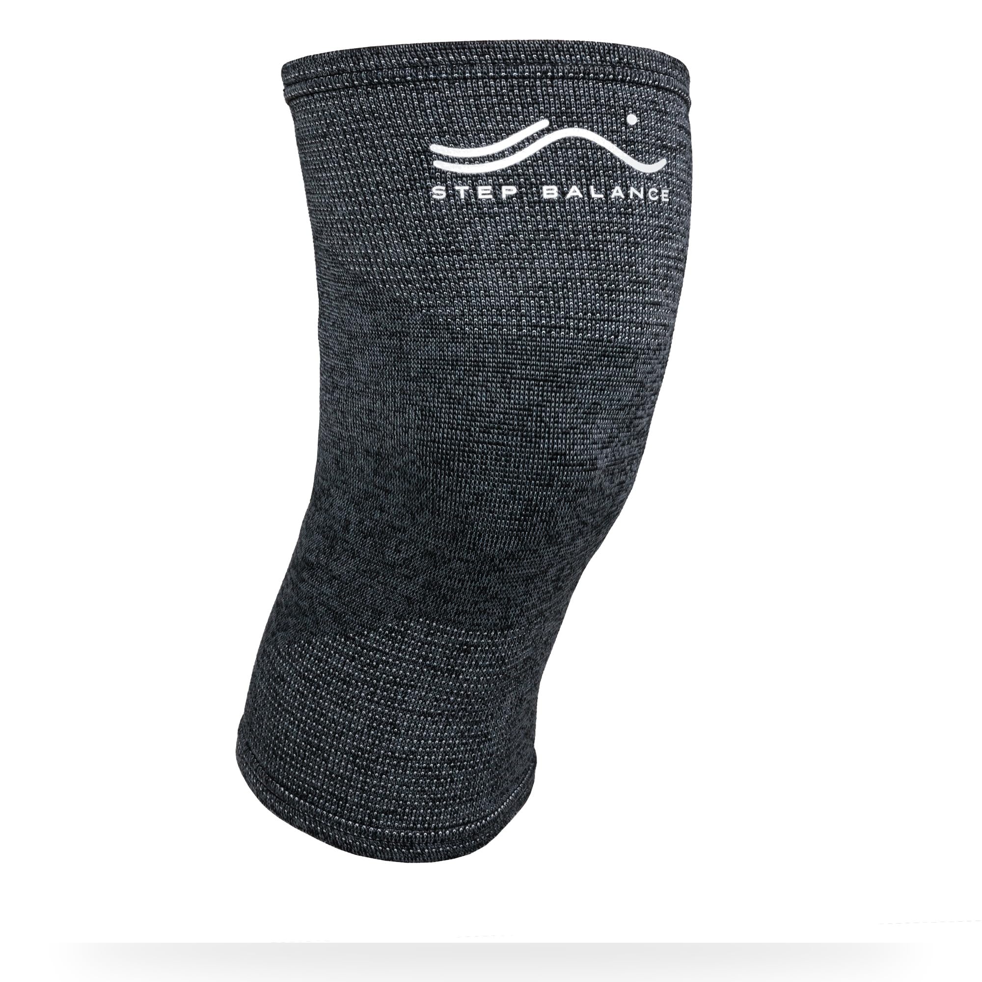 Grått knäbandage med STEP BALANCE-logotyp mot vit bakgrund
