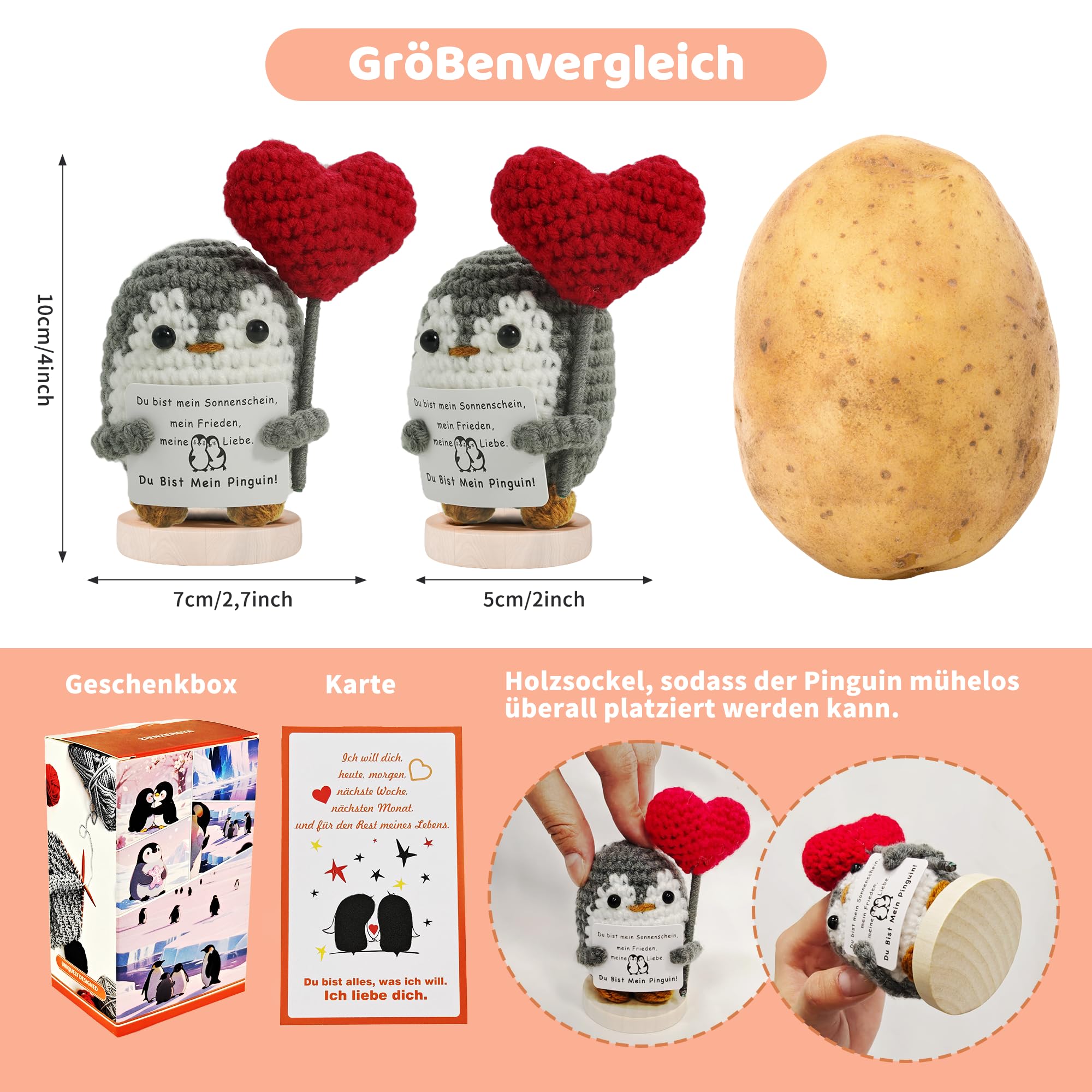 Storleksjämförelse av stickad pingvinfigur med trähjärtan, potatis och presentförpackning.