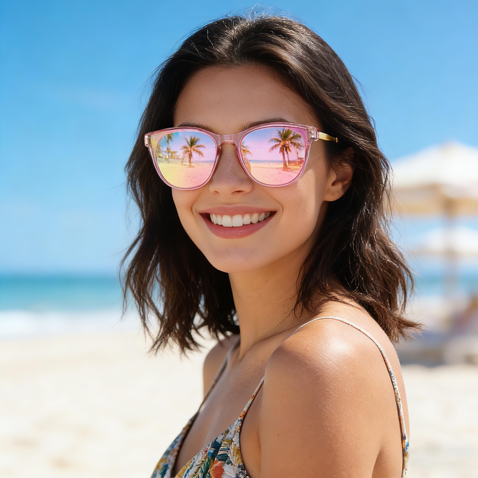 Leende kvinna bär runda rosa solglasögon på stranden.