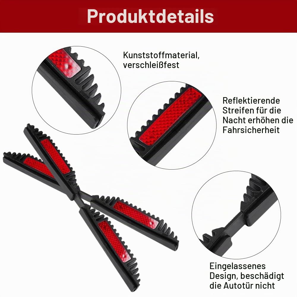 Svarta dörrkantsskydd med röda reflexfält, visade i utfällt läge och i detaljbilder.