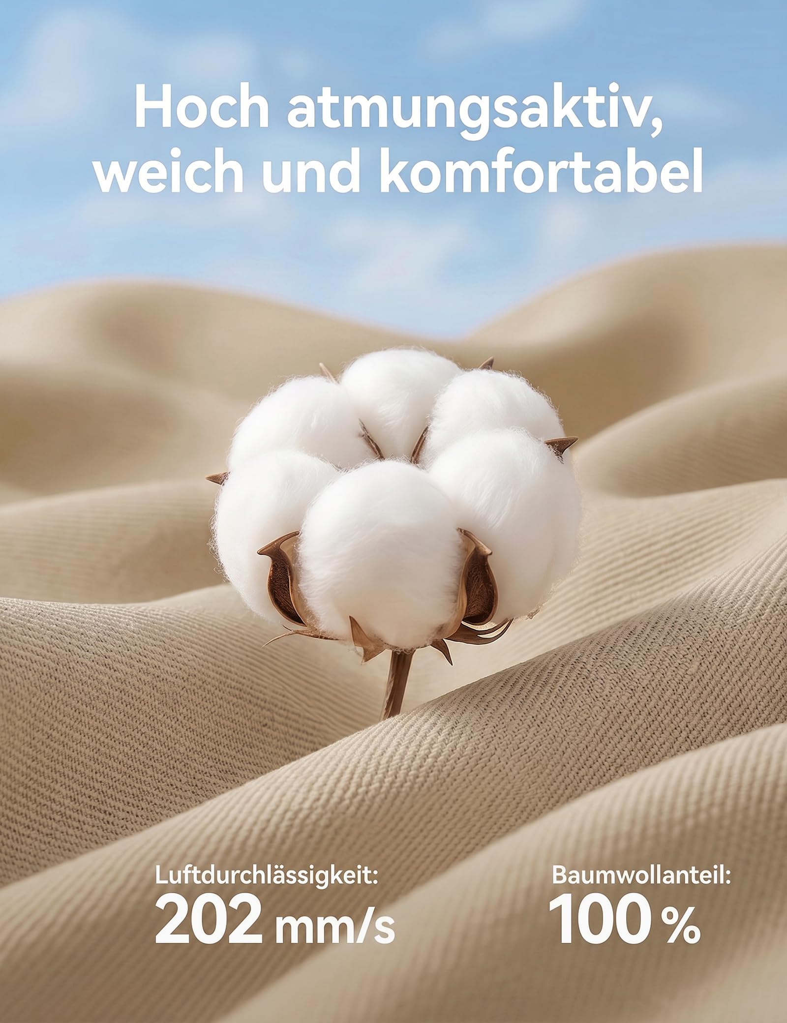 Bomullsblomma på beige tyg med text om andningsförmåga och 100 % bomull.