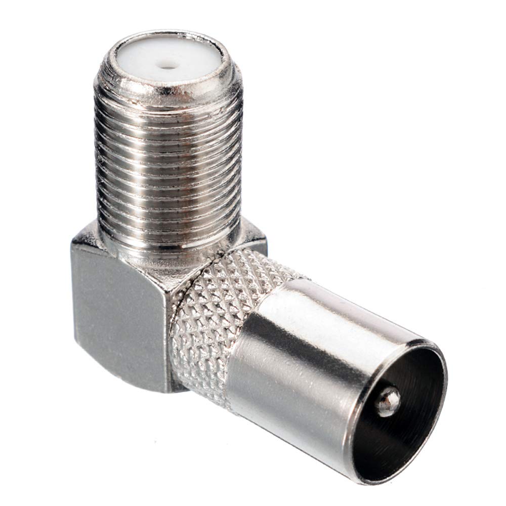 Vinklad silverfärgad koaxialadapter med två antennanslutningar.