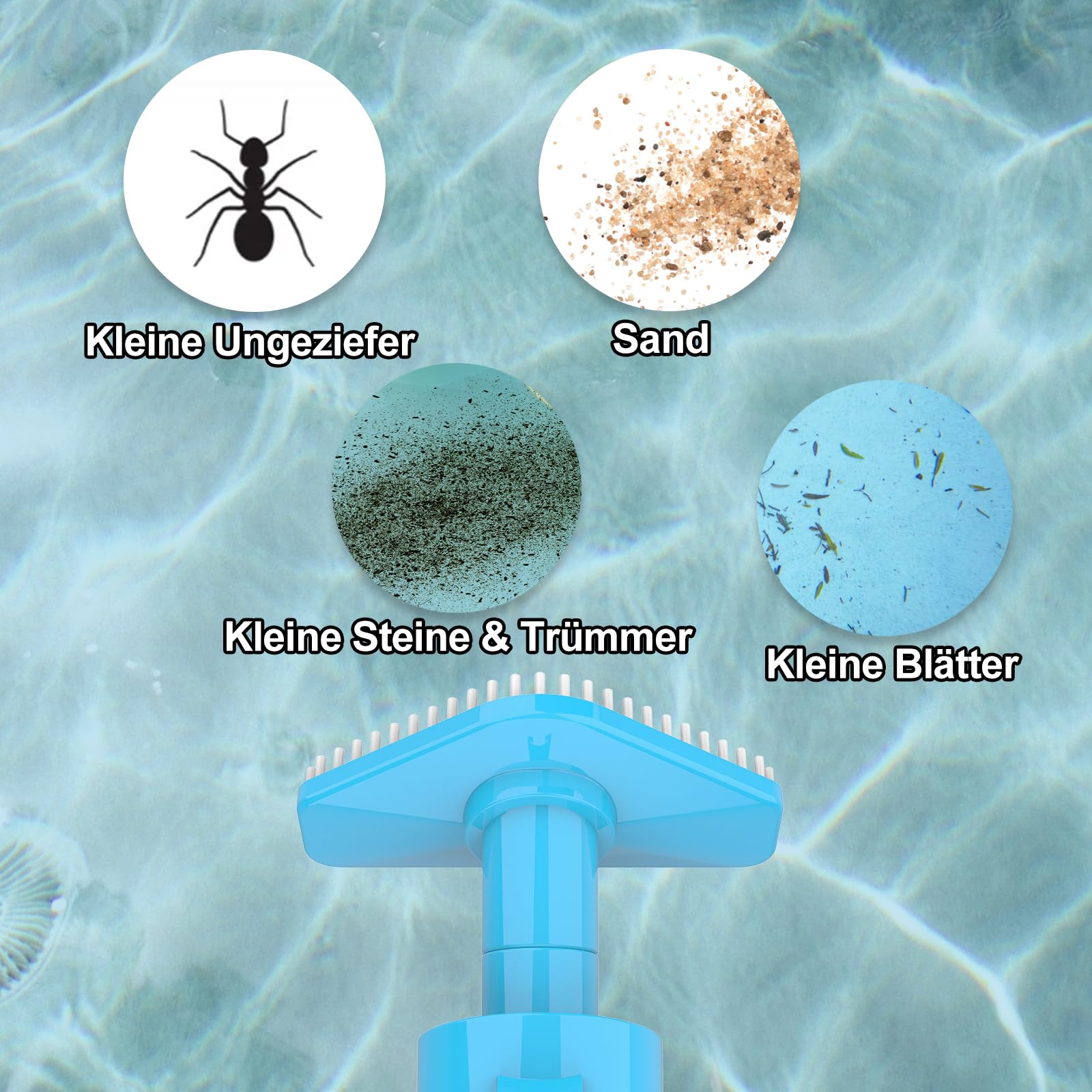 Pooldammsugarens munstycke i poolen med illustrationer av smuts, sand, småsten och löv.