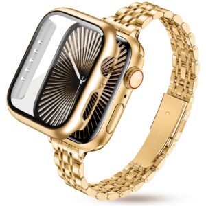 Guldfärgat metallarmband med matchande skal runt en Apple Watch.