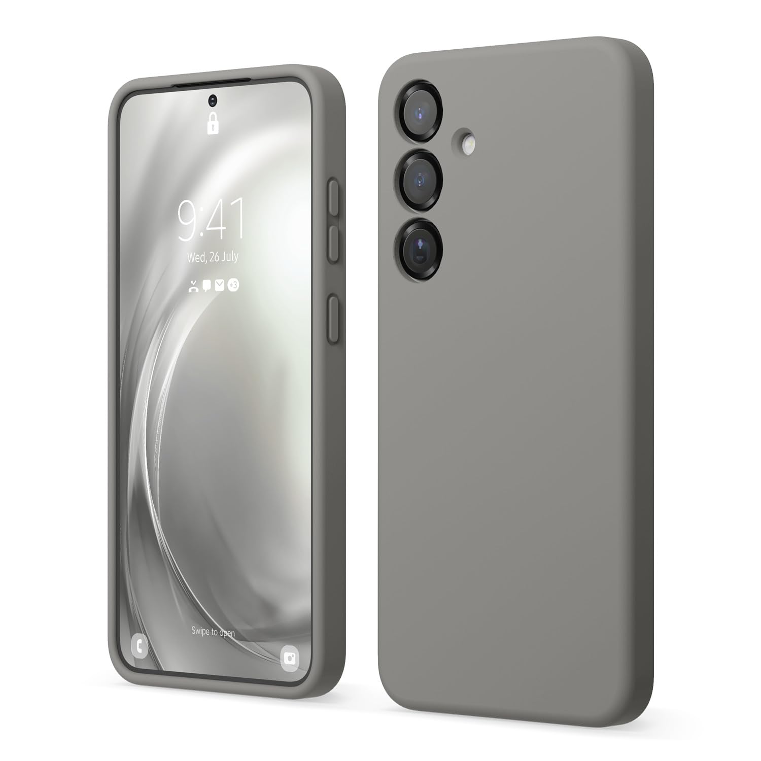 Mellangrått silikonskal för Galaxy S25 Plus, visat framifrån och bakifrån