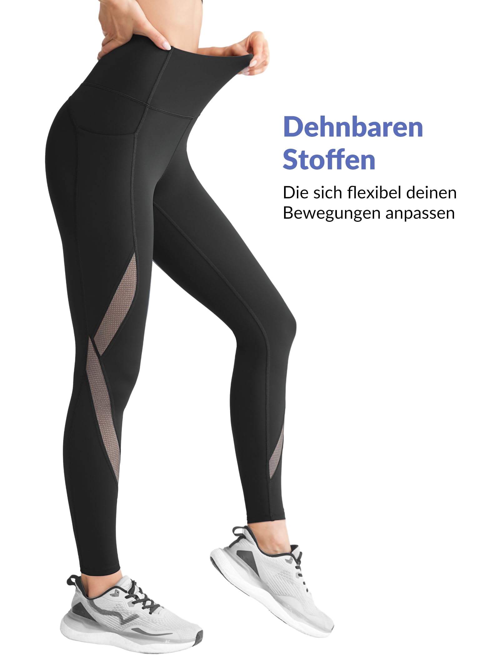 Svarta träningsleggings med hög midja och meshdetaljer på benen.