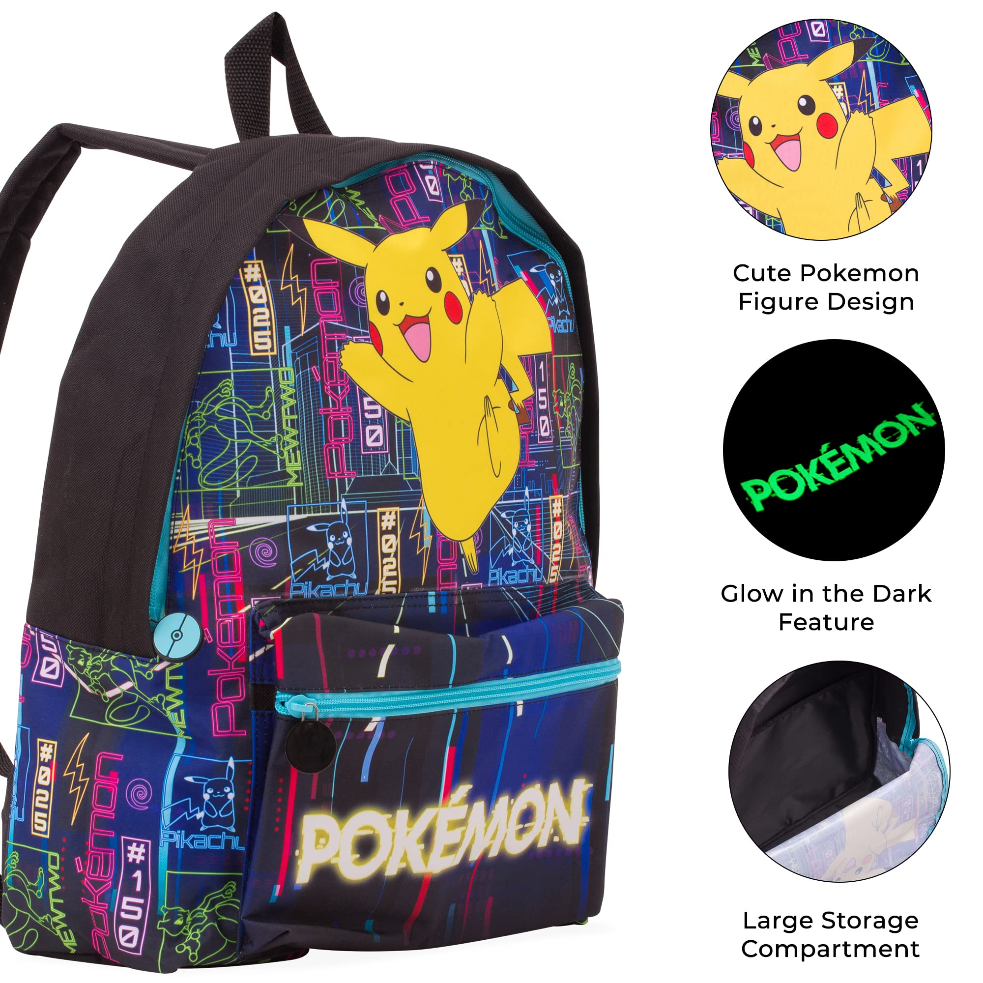 Svart Pokémon-ryggsäck med Pikachu-motiv, färgglada detaljer och framficka.