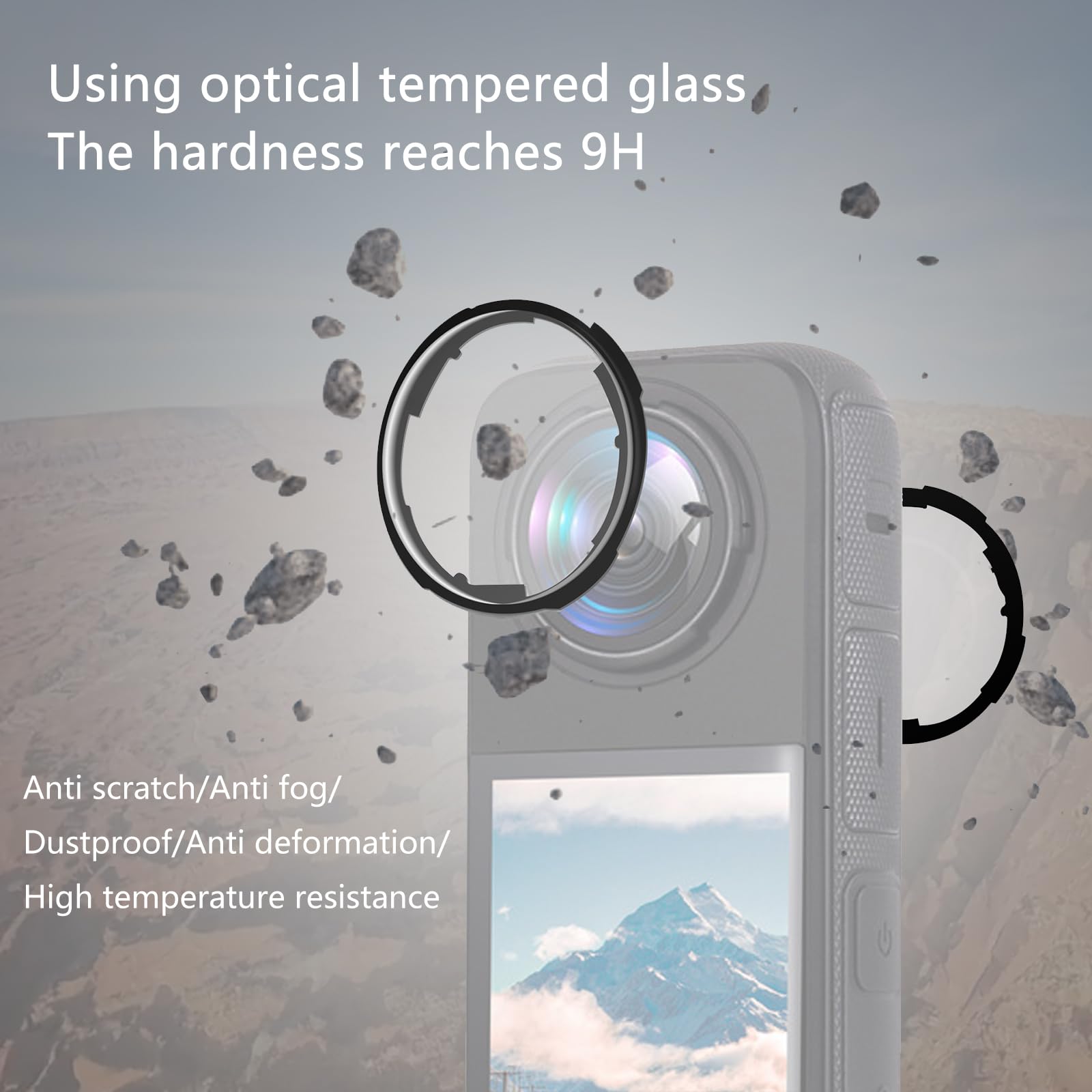 Transparent objektivskydd visas framför en Insta360-kamera med flygande stenfragment omkring.