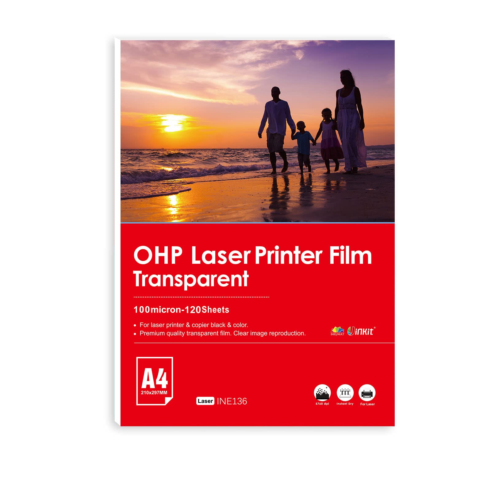 Röd förpackning med strandbild och texten ”OHP Laser Printer Film Transparent”.